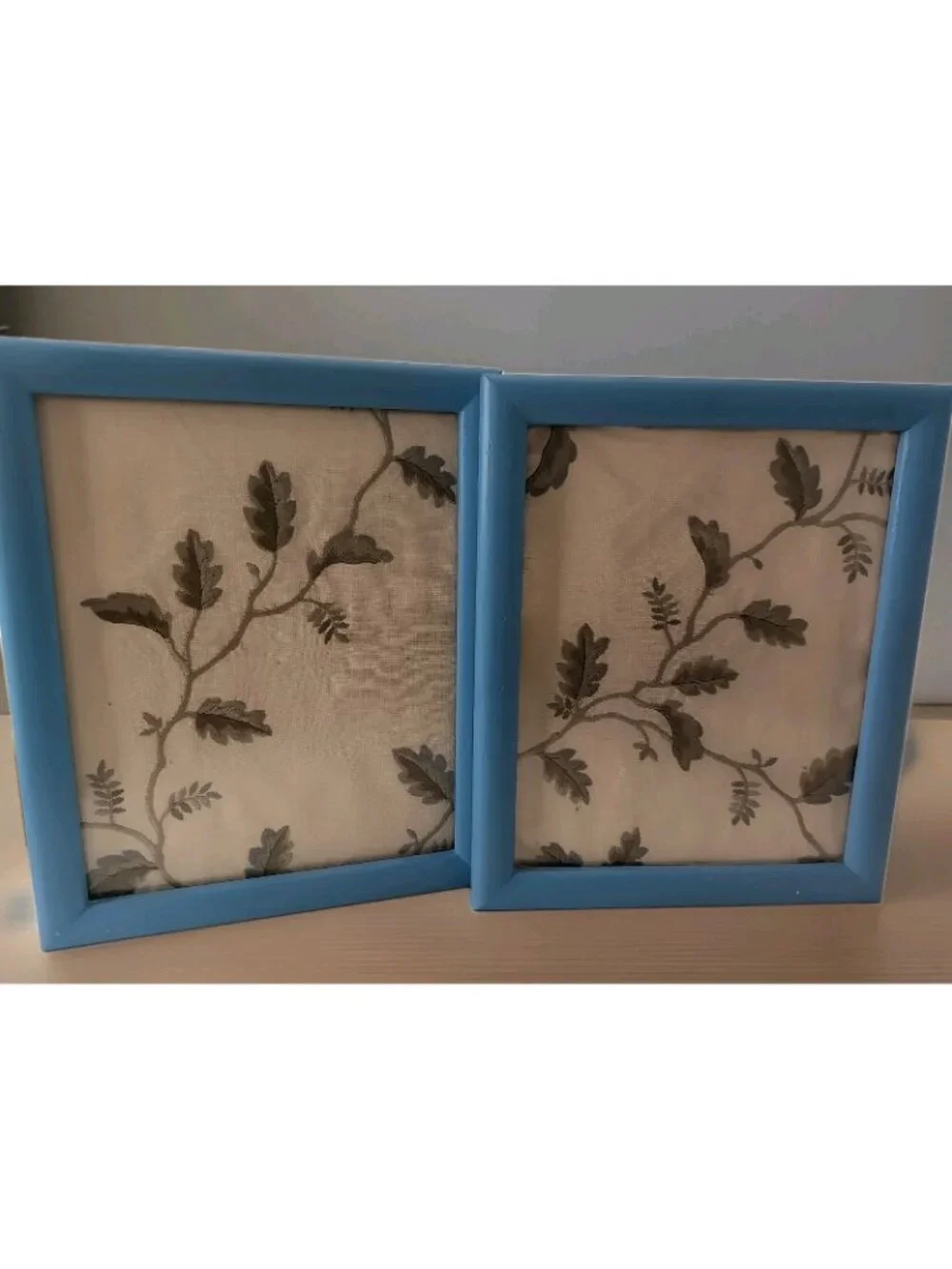 Vintage Embroidered Fabric Art Set 1980s Curtain Framed Botanical Blue Frames